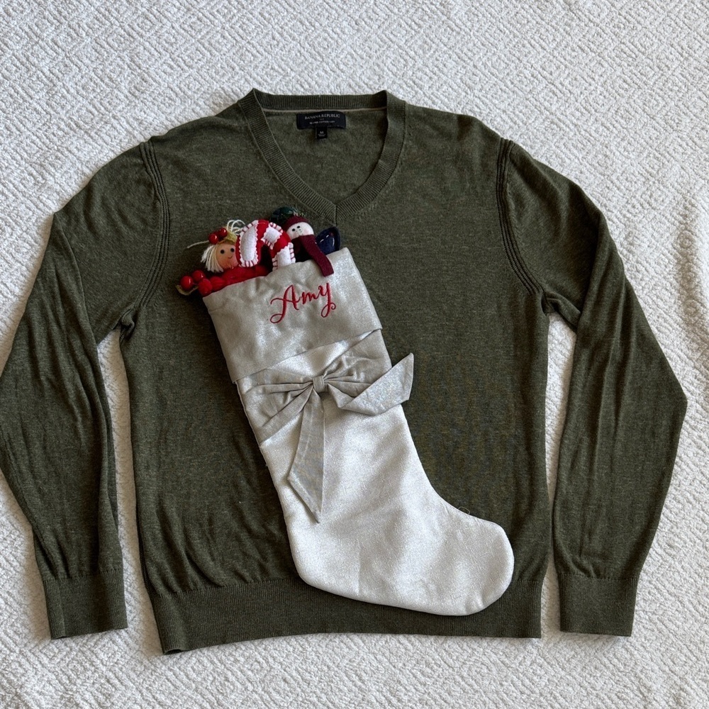 Banana Republic Holiday Forest Green V-Neck Sweater 100%Cotton Sz M